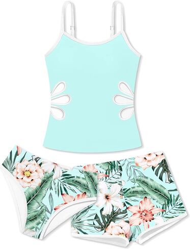 AGAPENG Girls Tankini Swimsuit 3 Piece Bathing Suit Adjustable Straps Cut Out Tankinis Set with Shorts Girls' Swimwear 9-16Y in Kuwait