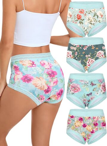 Morvia 4-Pack المرأة الأزهار طباعة رومانسية الدانتيل الزخارف موجز محب بويشورت سراويل تنفس لانديز الملابس الداخلية طقم سراويل داخلية in Kuwait