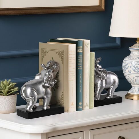 Bookends for Shelves, Heavy Duty Book Ends - Elephant Decorative Bookends with Anti-Slip Pad for Book Lovers Heavy Book Holder for Home Office Decor (Silver) in Saudi Arabia
