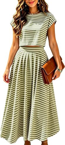 Zontroldy Women's Summer Summer 2 قطعة تنورة مخططة مجموعات Cap Sleeve محصول أعلى فستان Midi مطابقة ملابس السفر in Kuwait