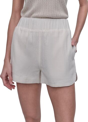DKNY Women's Dolphin Hem High Rise Pull on Linen Short with Elastic Waistband in Kuwait
