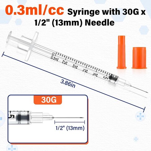 Ezoon 100 Pack U-100 0.3ml/cc 30G 1/2" (13mm) Lab Liquid Measurement | Individually wrapped, Laboratory use, Industrial use only in Kuwait