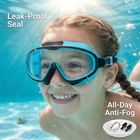 Clip-On Swim Goggles, Wide View Swim Goggles, Anti-UV Fog Pool Water, Adjustable Silicone Strap for 3-14 in Saudi Arabia