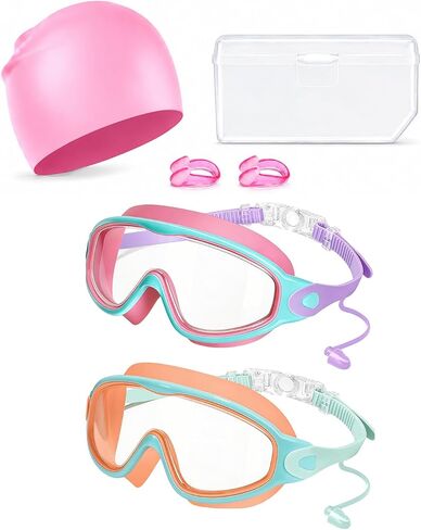 Kids Swim Goggles 2 Pack with Swim Cap, Anti Fog UV Protection Wide View Youth Swim Goggles for Boys Girls 6-14 in Kuwait