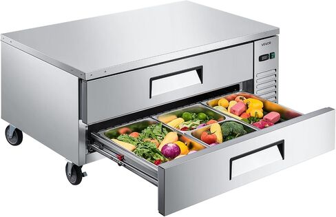 VEVOR Chef Base Refrigerator, 52" W Commercial Chef Bases Worktop Refrigerators, 2-Drawer Under Counter Fridge with 8 Pans Stainless Steel, Heavy-Duty Refrigerated Base, Invisible Door Handle in Kuwait