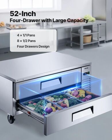 VEVOR Chef Base Refrigerator, 52" W Commercial Chef Bases Worktop Refrigerators, 2-Drawer Under Counter Fridge with 8 Pans Stainless Steel, Heavy-Duty Refrigerated Base, Invisible Door Handle in Kuwait