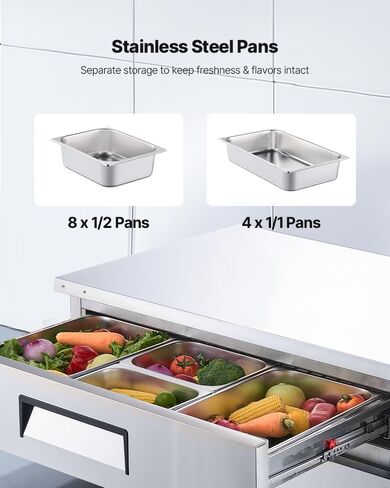 VEVOR Chef Base Refrigerator, 52" W Commercial Chef Bases Worktop Refrigerators, 2-Drawer Under Counter Fridge with 8 Pans Stainless Steel, Heavy-Duty Refrigerated Base, Invisible Door Handle in Kuwait