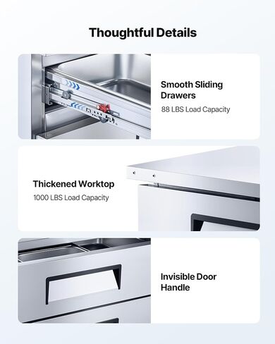 VEVOR Chef Base Refrigerator, 52" W Commercial Chef Bases Worktop Refrigerators, 2-Drawer Under Counter Fridge with 8 Pans Stainless Steel, Heavy-Duty Refrigerated Base, Invisible Door Handle in Kuwait