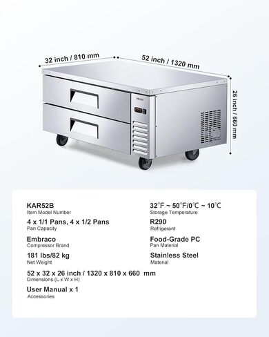 VEVOR Chef Base Refrigerator, 52" W Commercial Chef Bases Worktop Refrigerators, 2-Drawer Under Counter Fridge with 8 Pans Stainless Steel, Heavy-Duty Refrigerated Base, Invisible Door Handle in Kuwait