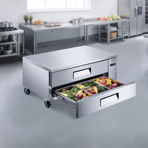 VEVOR Chef Base Refrigerator, 52" W Commercial Chef Bases Worktop Refrigerators, 2-Drawer Under Counter Fridge with 8 Pans Stainless Steel, Heavy-Duty Refrigerated Base, Invisible Door Handle in Kuwait