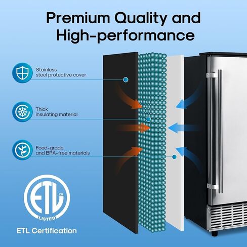 صانعة الثلج IcePURE مقاس 15 بوصة مع مضخة تصريف، 90 رطلًا/24 ساعة، تنظيف ذاتي، تذكير ذكي، مؤقت 24 ساعة، ETL FCC، مدمج أو قائم بذاته للأغراض السكنية والتجارية، من الفولاذ المقاوم للصدأ in Kuwait