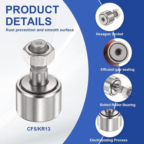 uxcell CF5 Cam Follower KR13 محمل أسطواني إبرة، محامل مسار فولاذية من الكروم، قطر الأسطوانة 13 مم، نوع مسمار ذكر M5x0.8 مم لسكة توجيه أداة الآلة in Kuwait
