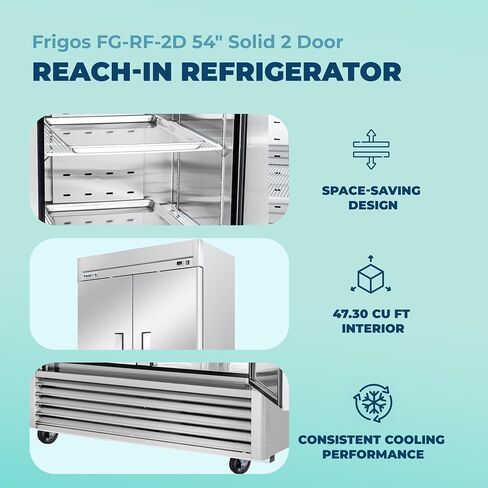 Frigos FG-RF-2D ثلاجة تجارية صلبة ببابين مقاس 54 بوصة يمكن الوصول إليها ببابين 47 قدمًا مكعبًا - الجزء الخارجي من الفولاذ المقاوم للصدأ معتمد من ETL مع إضاءة LED - سعة تخزين تجارية للضاغط 1/5 حصان متضمنة مع باب خلفي in Kuwait