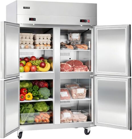 VEVOR Commercial Refrigerator and Freezer Combo 48" W, 31 Cu.Ft Stainless Steel Upright Freezer/Refrigerator with 4 Doors, Auto-Defrost, 6 Adjustable Shelves, UL Certified in Kuwait