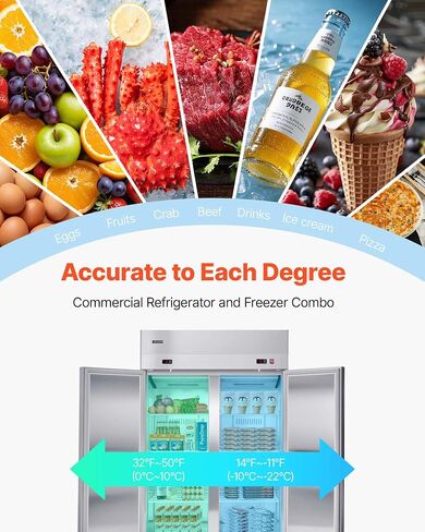 VEVOR Commercial Refrigerator and Freezer Combo 48" W, 31 Cu.Ft Stainless Steel Upright Freezer/Refrigerator with 4 Doors, Auto-Defrost, 6 Adjustable Shelves, UL Certified in Kuwait