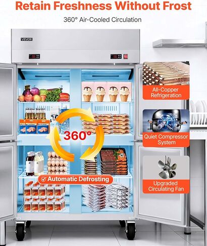 VEVOR Commercial Refrigerator and Freezer Combo 48" W, 31 Cu.Ft Stainless Steel Upright Freezer/Refrigerator with 4 Doors, Auto-Defrost, 6 Adjustable Shelves, UL Certified in Kuwait