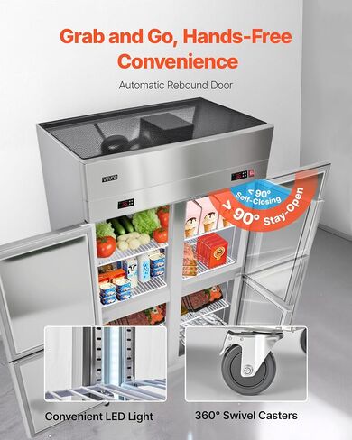 VEVOR Commercial Refrigerator and Freezer Combo 48" W, 31 Cu.Ft Stainless Steel Upright Freezer/Refrigerator with 4 Doors, Auto-Defrost, 6 Adjustable Shelves, UL Certified in Kuwait