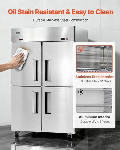 VEVOR Commercial Refrigerator and Freezer Combo 48" W, 31 Cu.Ft Stainless Steel Upright Freezer/Refrigerator with 4 Doors, Auto-Defrost, 6 Adjustable Shelves, UL Certified in Kuwait