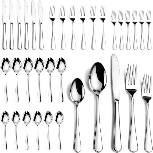 KIKCOIN 40 Pack Silverware Set for 8, Food-Grade Stainless Steel Flatware Set, Heavy Duty Mirror Polished Cutlery Utensils Set with Knives Spoons and Forks Set for Home Kitchen Restaurant Wedding in Kuwait