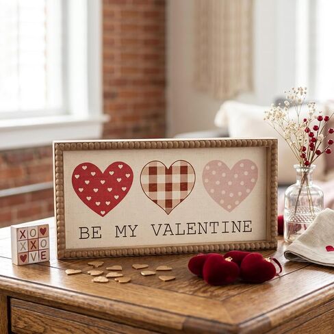 Be My Valentine Sign, Wooden Valentine's Day Wall Decor Art Wood Framed, Table Top Mantle Shelf Desk Red Love Heart Decorative Signage Plaque Home Indoor Farmhouse Decorations in Saudi Arabia
