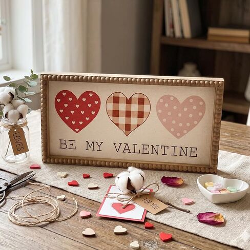 Be My Valentine Sign, Wooden Valentine's Day Wall Decor Art Wood Framed, Table Top Mantle Shelf Desk Red Love Heart Decorative Signage Plaque Home Indoor Farmhouse Decorations in Saudi Arabia