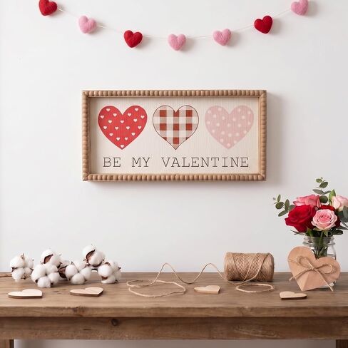 Be My Valentine Sign, Wooden Valentine's Day Wall Decor Art Wood Framed, Table Top Mantle Shelf Desk Red Love Heart Decorative Signage Plaque Home Indoor Farmhouse Decorations in Saudi Arabia