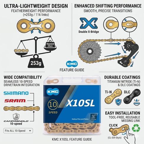 سلسلة دراجات KMC X10 ذات 10 سرعات من سلسلة X | متوافق مع Shimano وSRAM وCampagnolo وجميع الأنظمة الرئيسية | ذهب in Kuwait