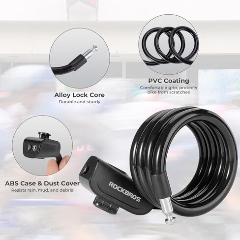 ROCKBROS Bike Cable Lock with Keys 3.6ft Anti-Theft Bicycle Lock with Mount 0.45inch Thickened Steel Cable One-Touch Quick Lock for Bike Ebike Scooter Motorcycle in Kuwait