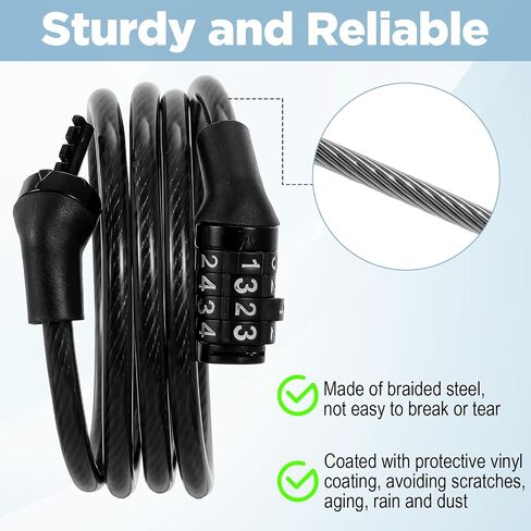 10 Pcs Bike Locks with Combination, 3.28 Ft Bike Lock Cable Heavy Duty PVC Coated Steel Wire, 4 Digit Locks Anti Theft Bikes Lock for Bicycle Scooter Gate Toolbox Black 0.24 Inch Diameter in Kuwait