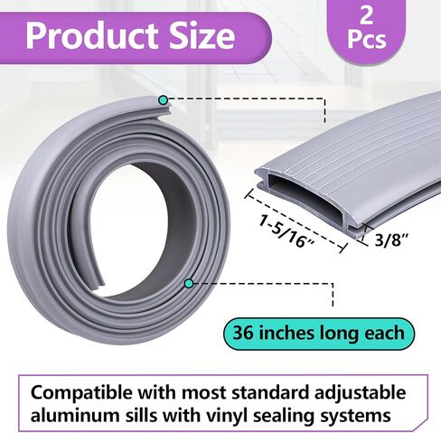 2PCS 36 Inch Vinyl Replacement Insert for Adjustable Height Aluminum Thresholds, with Seals 1-5/16 x 3/8 Inch Gray Flexible Door Threshold Strip for Exterior/Front Door Weather Stripping in Kuwait