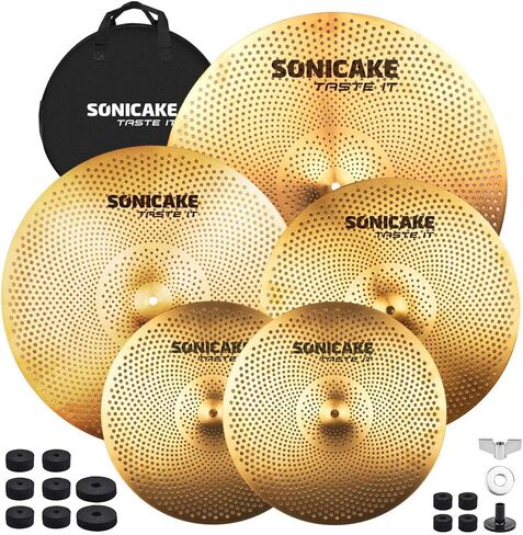 SONICAKE مجموعة الصنج منخفضة الحجم مجموعة الصنج الهادئة 14 بوصة قبعات عالية + 16 بوصة كراش + 18 بوصة كراش + 20 بوصة ركوب 5 قطع مجموعة طبلة كتم الصوت مع حقيبة ولباد للتدريب، فضي in Kuwait