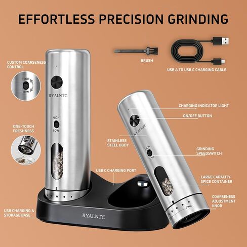 Electric Salt and Pepper Grinder Set with Rechargeable Base Upgraded Stainless Steel Automatic Salt and Pepper Shakers,Upgraded 2-Speed Setting,External 6 Adjustable Coarseness with LED Light in Kuwait