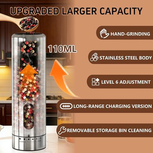 Electric Salt and Pepper Grinder Set with Rechargeable Base Upgraded Stainless Steel Automatic Salt and Pepper Shakers,Upgraded 2-Speed Setting,External 6 Adjustable Coarseness with LED Light in Kuwait