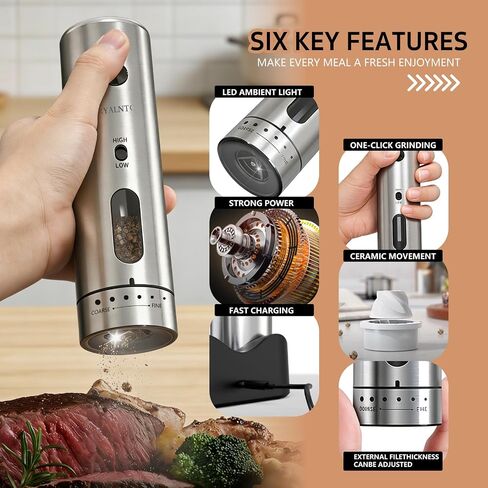 Electric Salt and Pepper Grinder Set with Rechargeable Base Upgraded Stainless Steel Automatic Salt and Pepper Shakers,Upgraded 2-Speed Setting,External 6 Adjustable Coarseness with LED Light in Kuwait