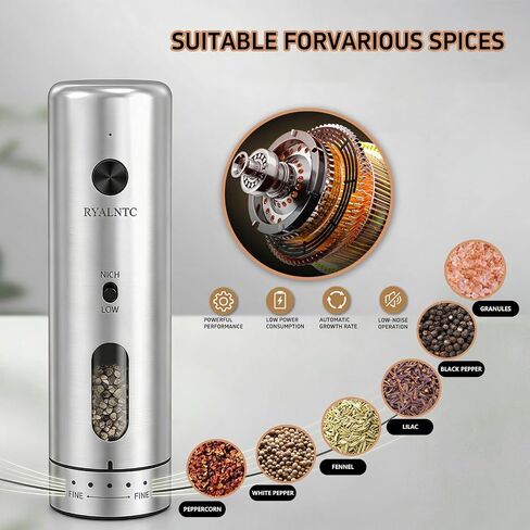 Electric Salt and Pepper Grinder Set with Rechargeable Base Upgraded Stainless Steel Automatic Salt and Pepper Shakers,Upgraded 2-Speed Setting,External 6 Adjustable Coarseness with LED Light in Kuwait