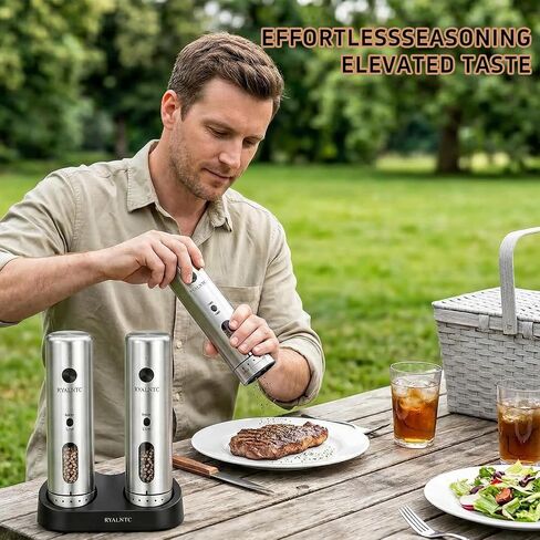 Electric Salt and Pepper Grinder Set with Rechargeable Base Upgraded Stainless Steel Automatic Salt and Pepper Shakers,Upgraded 2-Speed Setting,External 6 Adjustable Coarseness with LED Light in Kuwait