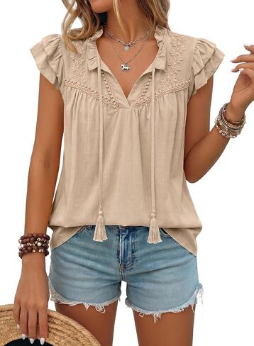 Dokotoo Womens Summer Tops Dressy Casual Ruffle Cap Sleeve Chiffon Blouses Tassel V Neck Lace Embroidery Pleated Shirts in Kuwait