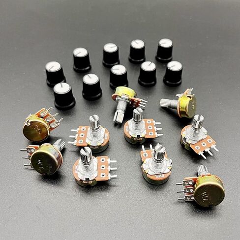 JZK 10pcs B10K potentiometer knob with 6mm shaft, linear taper rotary volume B 10k potentiometer knob, B10K Ohm 3 terminal rotary potentiometer with cap, nuts and washer in Saudi Arabia