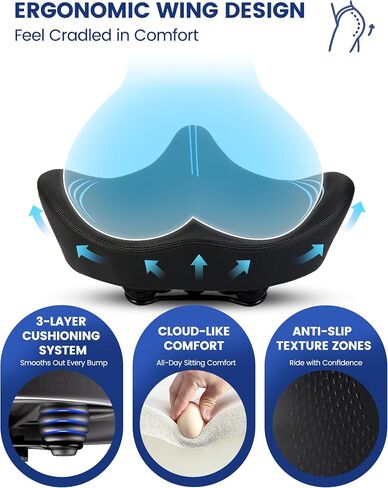 Oversized Bike Seat, 12"x14" Extra Wide Bicycle Seat Cushion for Men & Women,580 lbs Capacity,Dual Shock Absorbing,Memory Foam Padded Saddle for Peloton,Stationary Exercise Bike,Ebike,Cruiser in Saudi Arabia