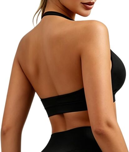 Laiyuan Halter Neck Sports Bra for Women Breathable Moisture-Wicking Fabric | Seamless, Removable Padded, Medium Support, Open-Back, in Kuwait