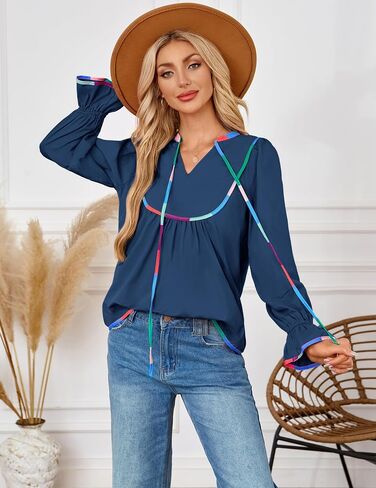 بلوزة بيبي دول من LOOKBOHO للنساء بأكمام طويلة ورقبة على شكل حرف V، قمصان بيبلوم لطيفة، بلوزة كاجوال بربطة أمامية فضفاضة مقاس L أسود in Kuwait