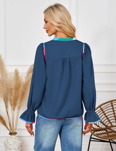 بلوزة بيبي دول من LOOKBOHO للنساء بأكمام طويلة ورقبة على شكل حرف V، قمصان بيبلوم لطيفة، بلوزة كاجوال بربطة أمامية فضفاضة مقاس L أسود in Kuwait