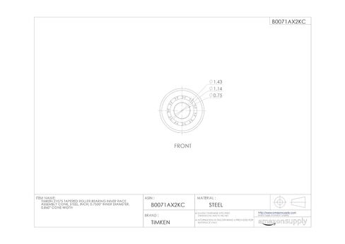 Timken 21075 مخروط تجميع السباق الداخلي المدبب، فولاذ، بوصة، القطر الداخلي 0.7500 بوصة، عرض المخروط 0.860 بوصة in Kuwait
