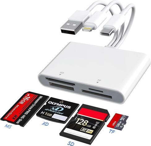 Memory Stick Pro Duo Adapter Reader - 4in3 SD/TF/MS/CF/CF/XD READER إلى جهاز USB -C/Lightning/USB ، محول بطاقة صور CARD Multi SD لـ iPhone 16/15/14/PAD/PC/Android/iOS/IOS/Sony Cybershot in Kuwait