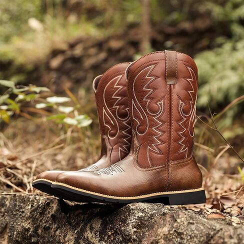 SelRoys Men’s Cowboy Boots Classic Western Square Toe Pull-On Boots with Embroidered Shaft Rodeo & Casual Wear in Saudi Arabia