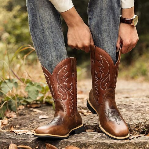 SelRoys Men’s Cowboy Boots Classic Western Square Toe Pull-On Boots with Embroidered Shaft Rodeo & Casual Wear in Saudi Arabia