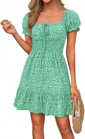 فستان Heysolo النسائي Boho Floral Smocked Square Neck قصير الأكمام مكشكش للشاطئ صيفي قصير in Kuwait