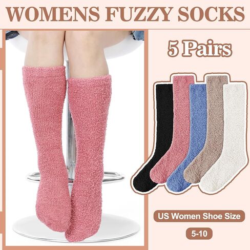 Hoosige 5 Pairs Womens Fuzzy Slipper Socks Soft Knee High Socks Assorted Long Socks Fluffy Winter Gift Plush New Year Socks in Saudi Arabia