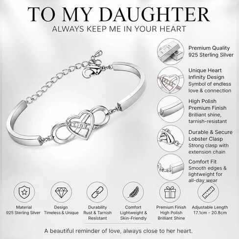 سوار LUXUS™ To My Daughter Infinity - سوار من الفضة الإسترليني قابل للتعديل للنساء والفتيات مع بطاقة رسالة عاطفية، هدية ذات معنى للحب والتشجيع في صندوق هدايا in Kuwait