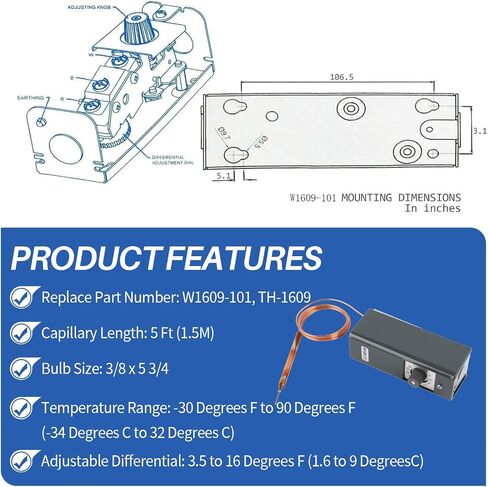 W1609-101 Refrigerator Thermostat Temperature Controller, -30°F to 90°F (-34°C to 32°C) Range, 5ft Capillary Length, Universal Cold Control for Freezers & Coolers, Replaces W1609101 in Kuwait
